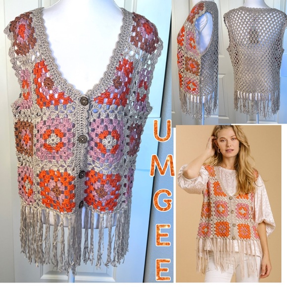 NWT Umgee V-Neck “Celeste” Color Block Taupe Button Detail Crochet Vest Sz Small - Picture 14 of 14